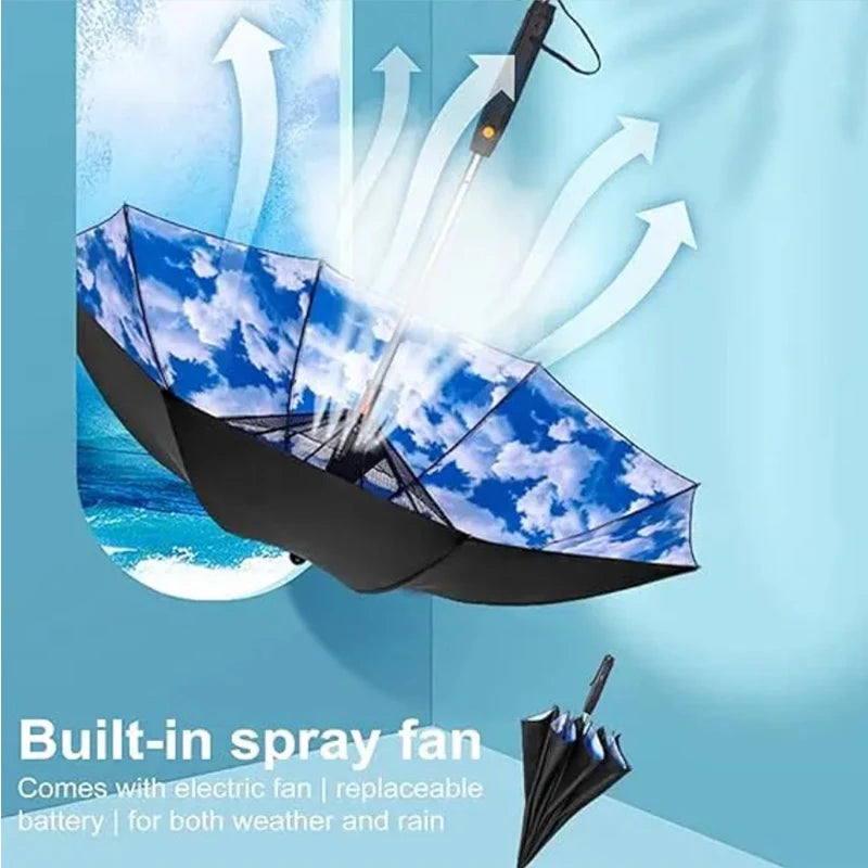 3 in 1 Umbrella with Fan Portable Misting Fan Umbrella With UV Protection Mist Spray Umbrella for Summer Cooling Battery Power