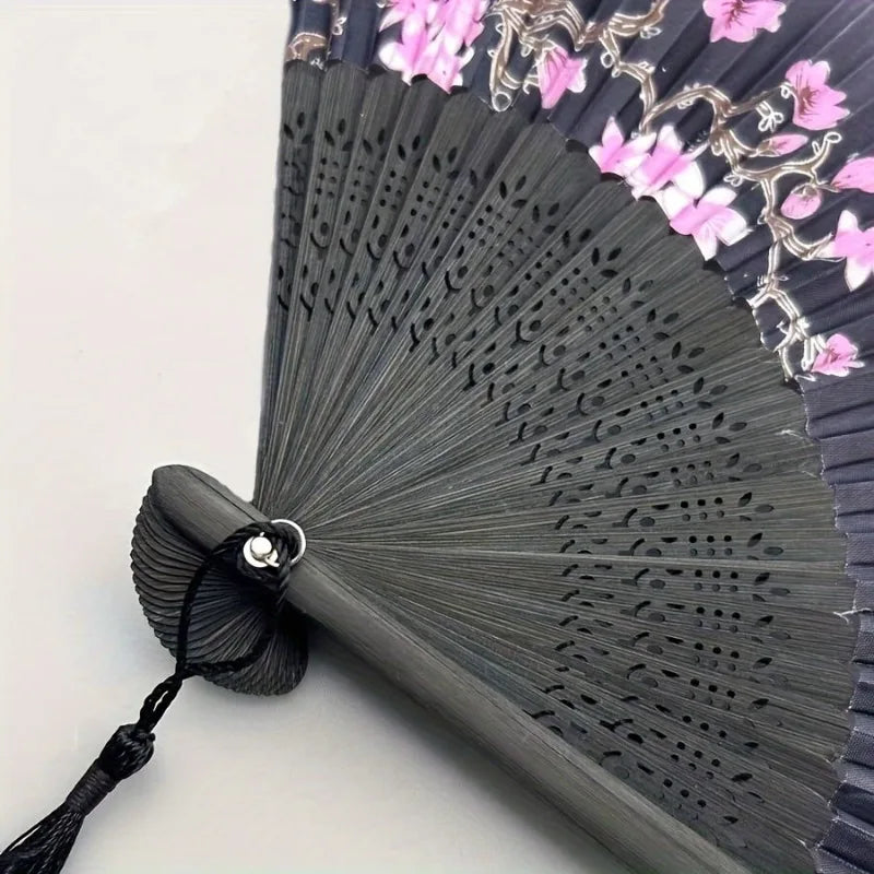 1 Vintage Floral Cherry Blossom Fan with Pink &amp; Purple Artwork, Lightweight Portable Hand Fan for Hanfu Dance