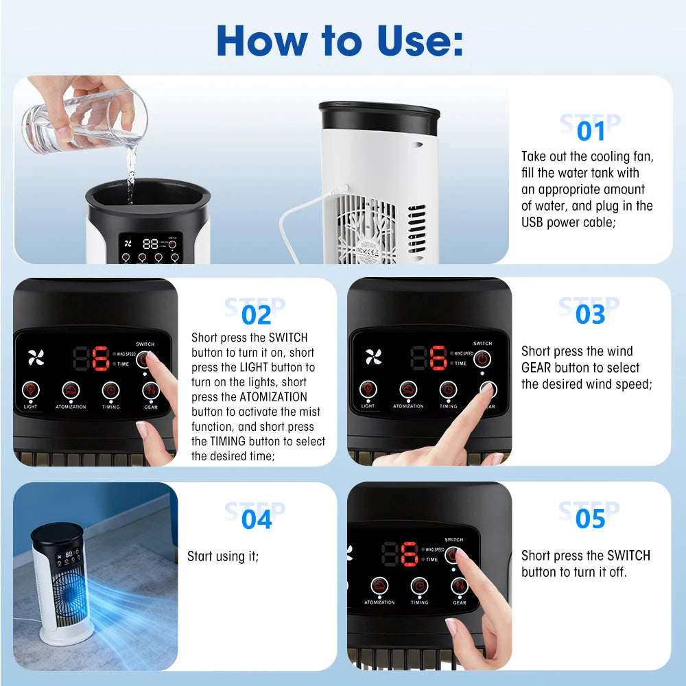 Portable USB Air Cooler Fan Humidifier 300ML 6 Speed 6H Timer 7 Color Light Mist Spray Quiet Cooling Fan Desk Air Conditioner