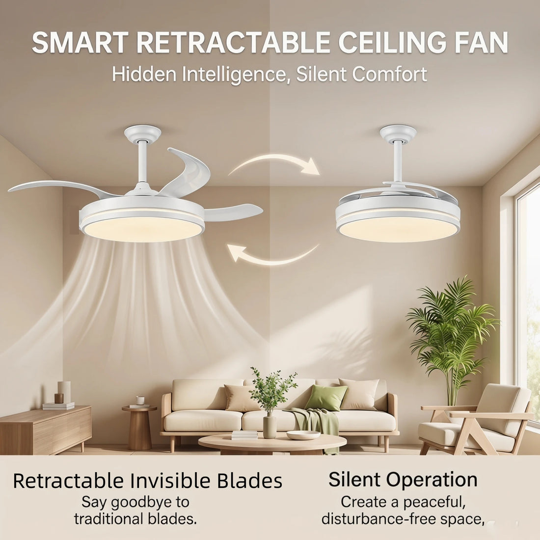 Modern Invisible Blade Ceiling Fan Light 6 Speed Reversible Ceiling Fan 3 Color Changeable Indoor Pendant Light Fixture