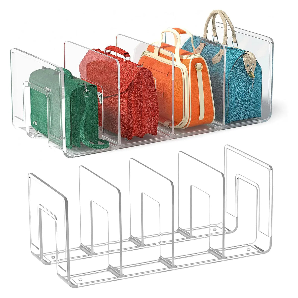 2pcs Clear Plastic Purse Handbag Organizer 4 Sections Bag Closet Shelf Divider Purse Display Stand Handbag Storage Organizer