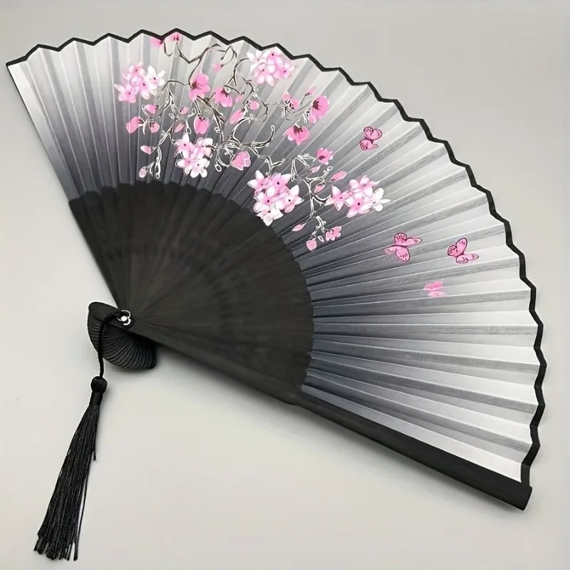 1 Vintage Floral Cherry Blossom Fan with Pink &amp; Purple Artwork, Lightweight Portable Hand Fan for Hanfu Dance